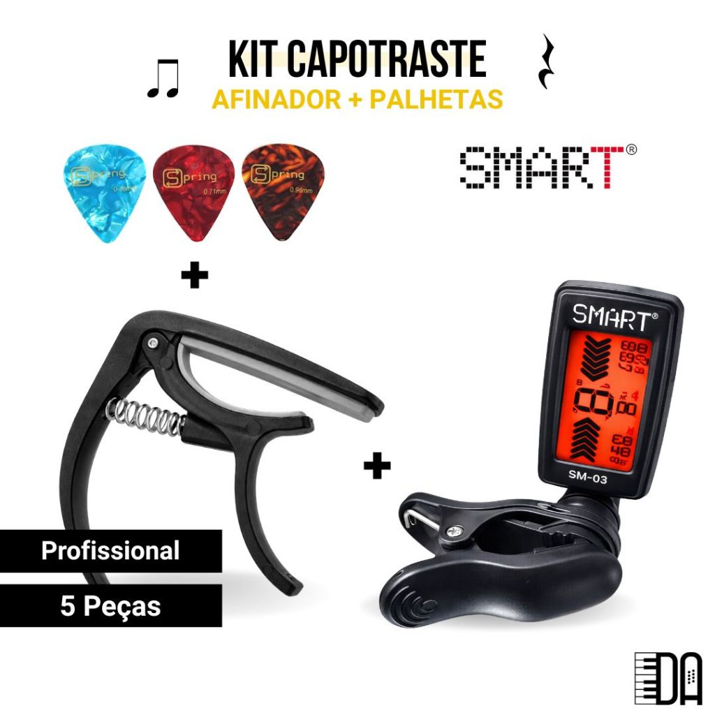 Kit Afinador Capotraste 3 Palhetas para Violão Guitarra Profissional Smart