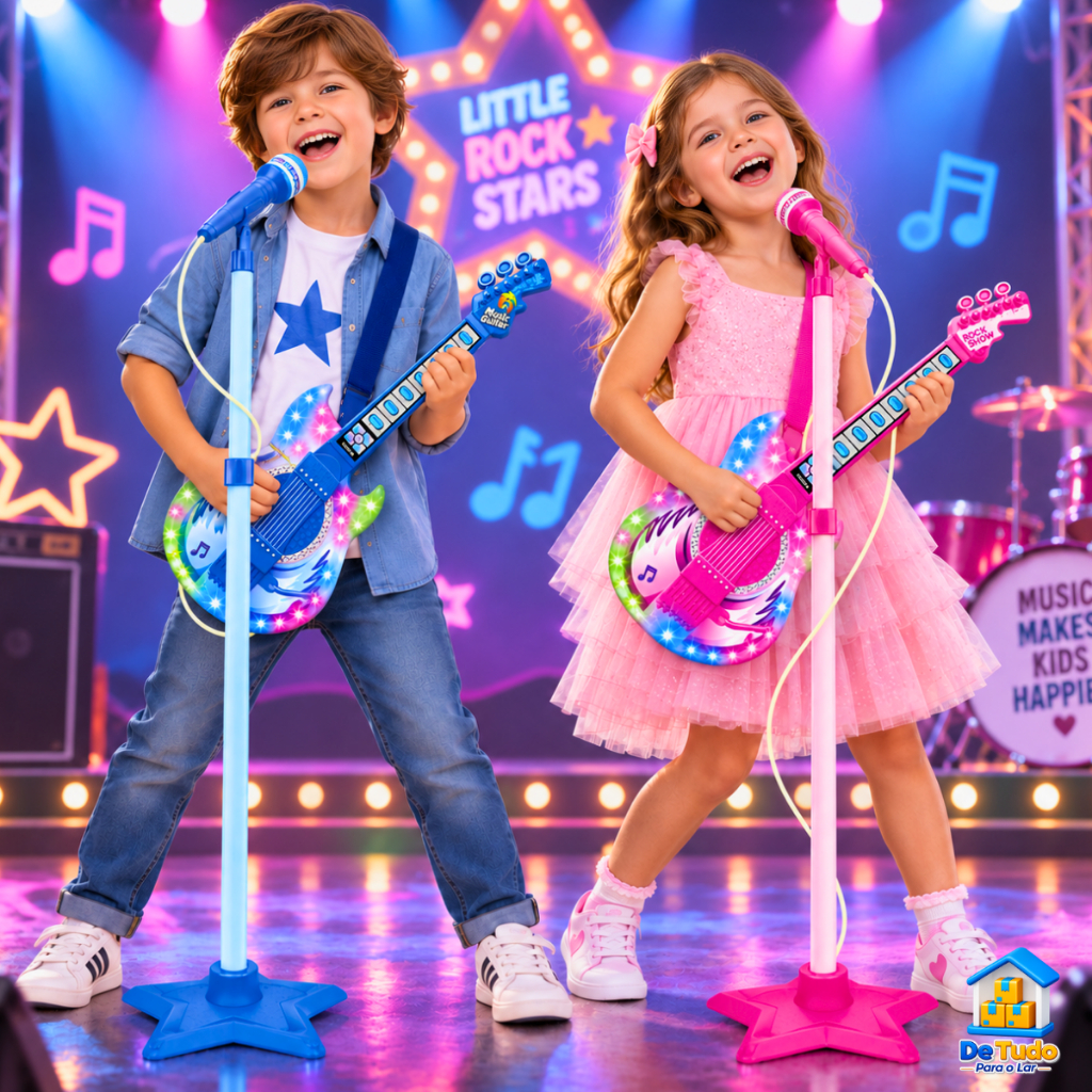Microfone Guitarra Pedestal Infantil Som Luz Karaokê Conecte Seu Celular Smartphone Dia Das Crianças