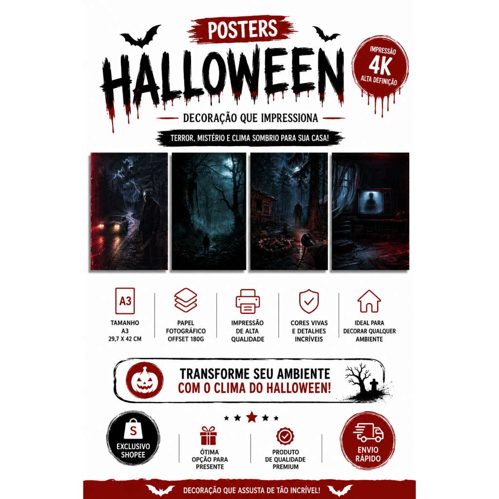 Kit 4 Posters Halloween A3 + Cartela de Adesivos | Decoração de Halloween