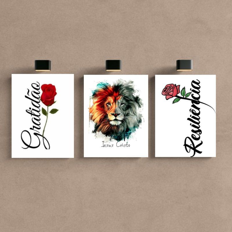 KIT 3 PÔSTERES LEÃO CRISTÃO A4 ADESIVO FÉ GRATIDÃO DECORAÇÃO PAREDE