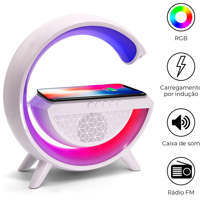 Caixa de Som Bluetooth 5.3 G Speaker com Carregador por Indução 10W Relógio e Luminária RGB