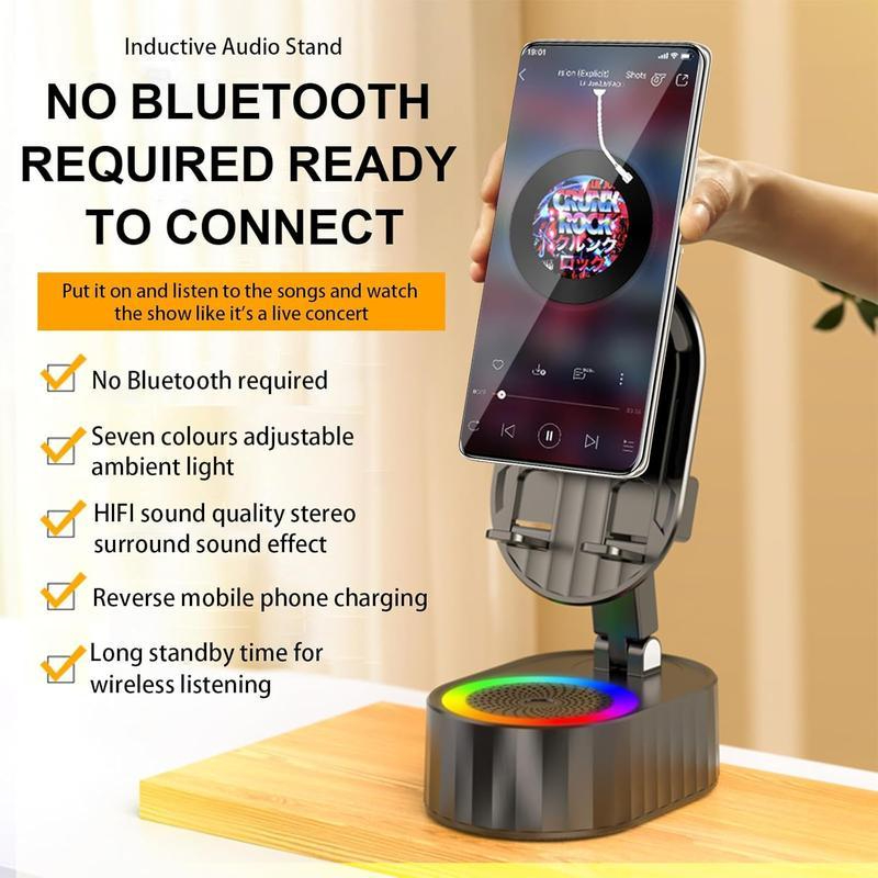 Alto-falante portátil inteligente com indução, suporte para celular, luz RGB ajustável, alto-falante Bluetooth sem fio