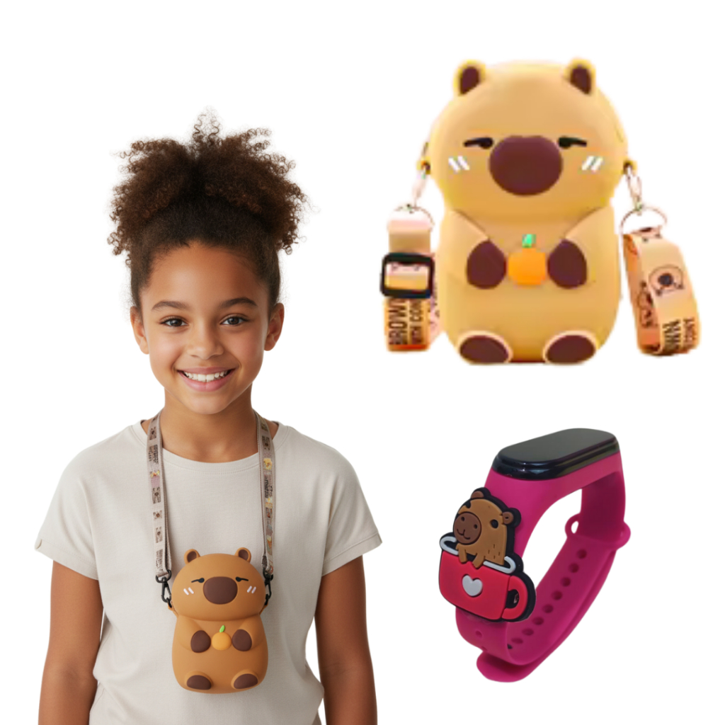 Kit Capivara: Bolsa Borrachada + Relógio com Data e Hora Menina Feminino Presente Lembrancinha