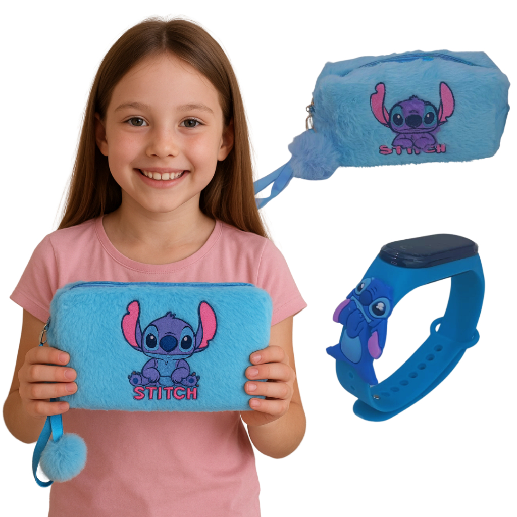 Kit Estojo Infantil Com Relogio Feminino Do stitch Data & Hora