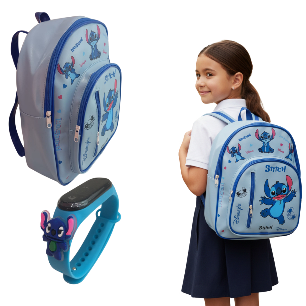 Stitch Mochila + Relogio Mochila Infantil Menina Feminino com Relogio Data & hora