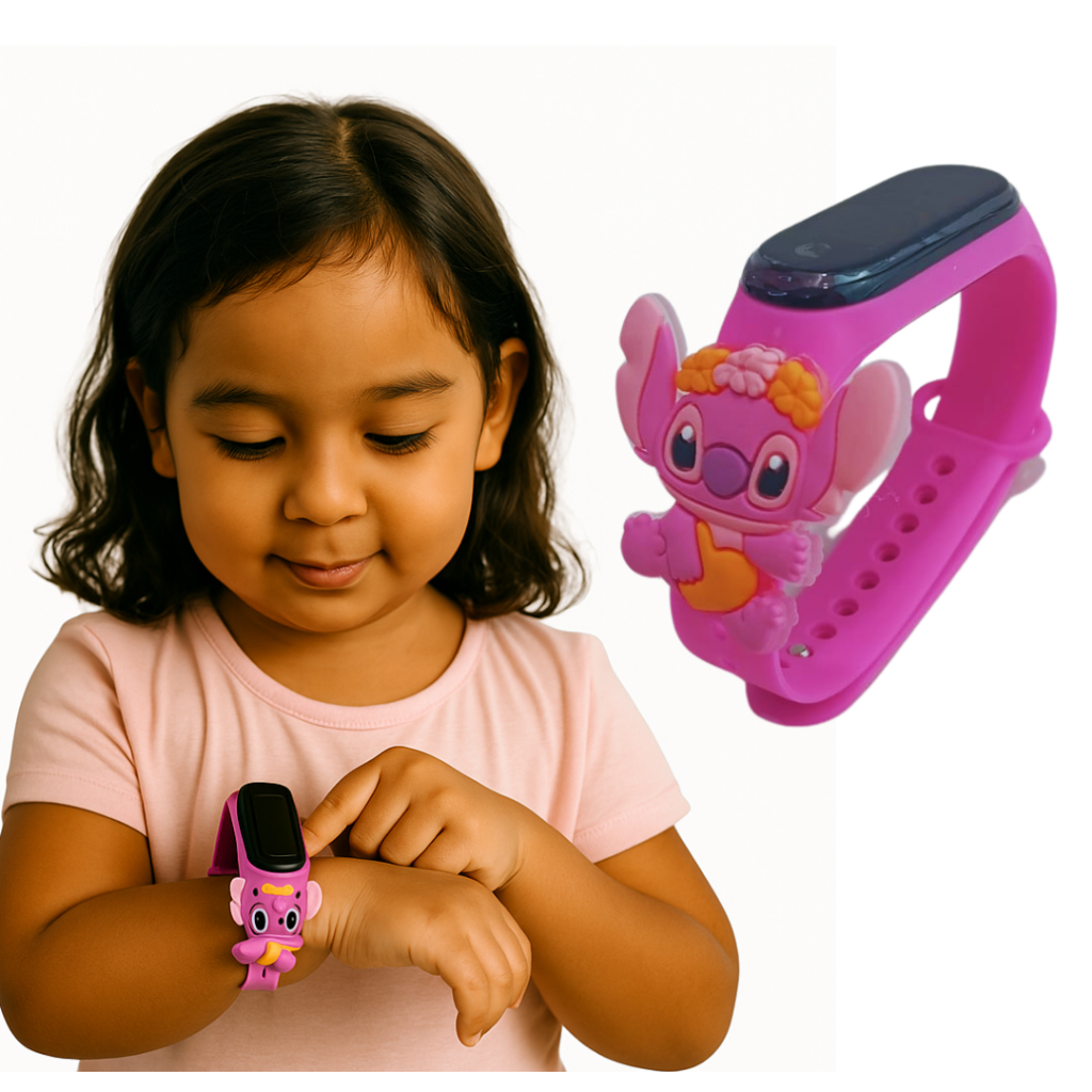 Relogio Infantil Digital Led Meninas Feminino Angel Stitch Disney Princesas Data & Hora