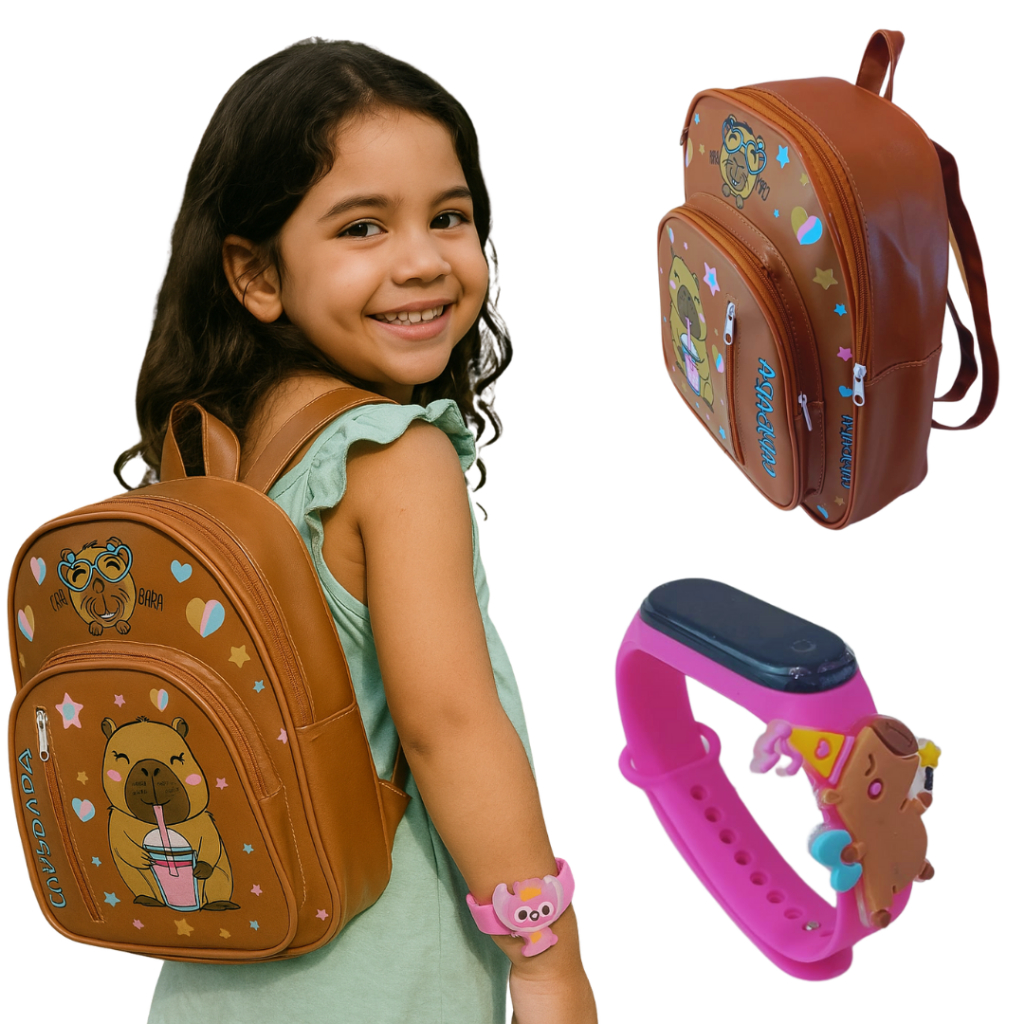 Relogio Infantil Menina Feminino Capivara Com Mochila Capibara Digital Data & Hora