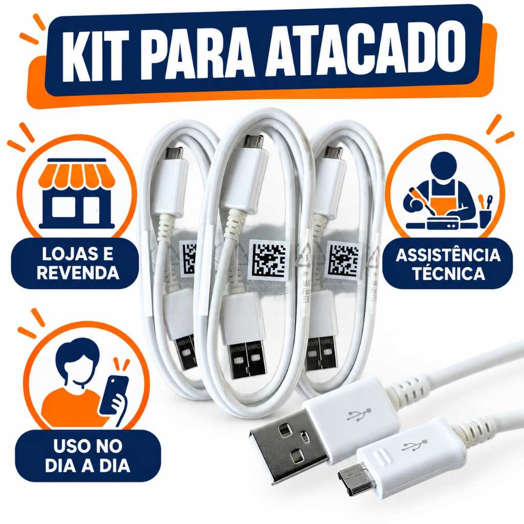 Kit 10 Cabos USB V8 Micro USB Branco para Carregamento de Celular Android Atacado