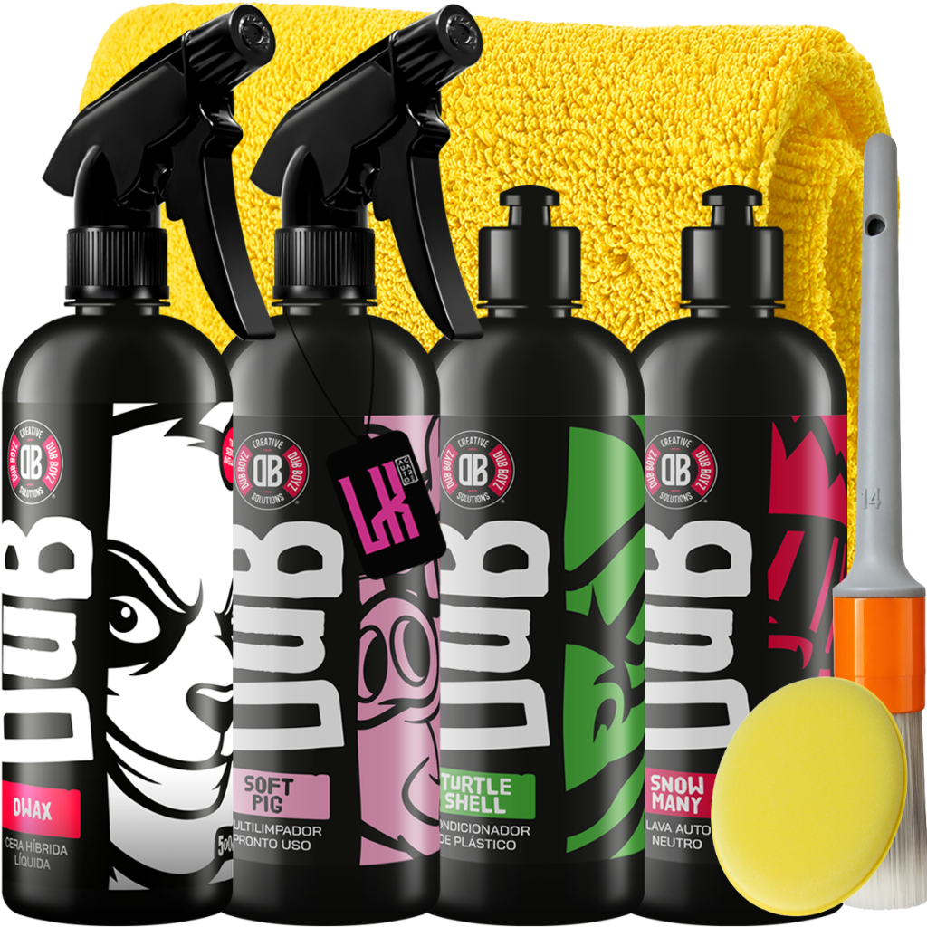 Kit Lavagem Completa Dub Boyz Shampoo Neutro Cera Spray Renovador de Plastico Painel Brilho Protecao
