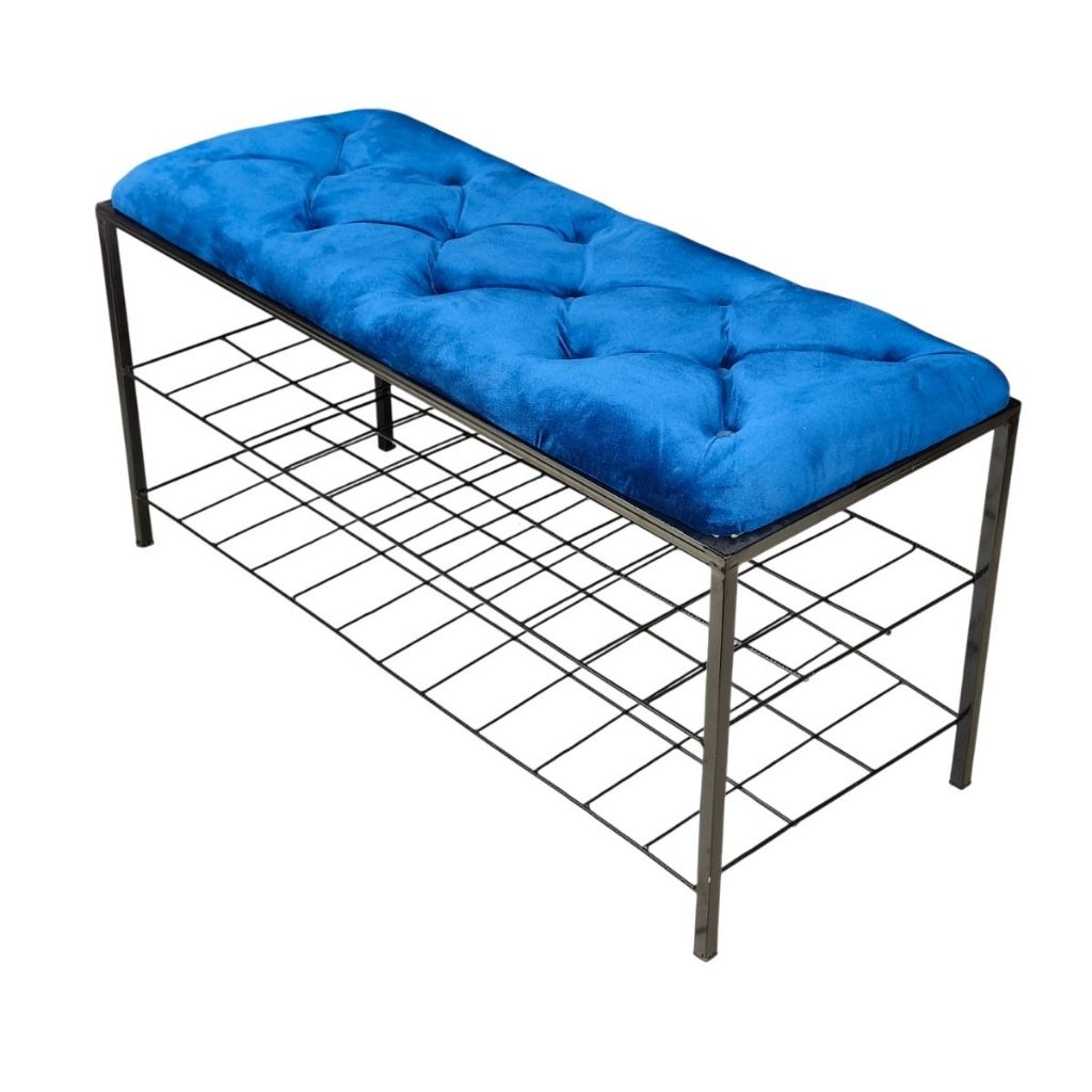 Sapateira Bancada 2 Andares com Assento Captonê Veludo Azul Aço Carbono Vip Designer