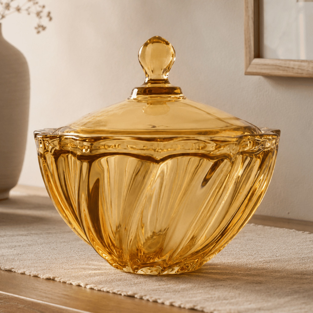 Bomboniere Potiche De Vidro 1,1 LITRO PARIS Designer Em Espiral Ambar Marrom Gold