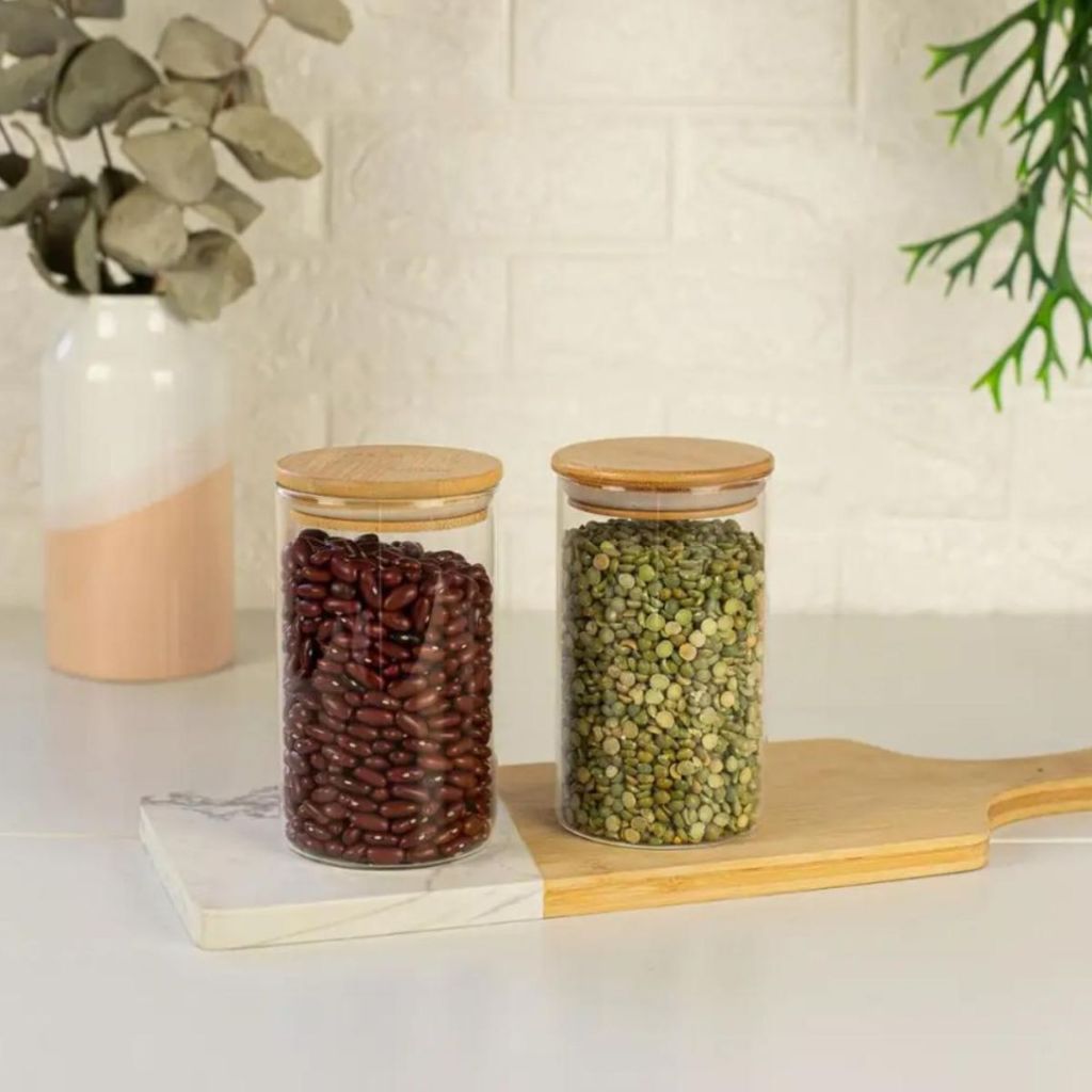 Conj. 2 Pote Hermético de Vidro 1000ml com Tampa de Bambu Conservação Ideal Designer Moderno