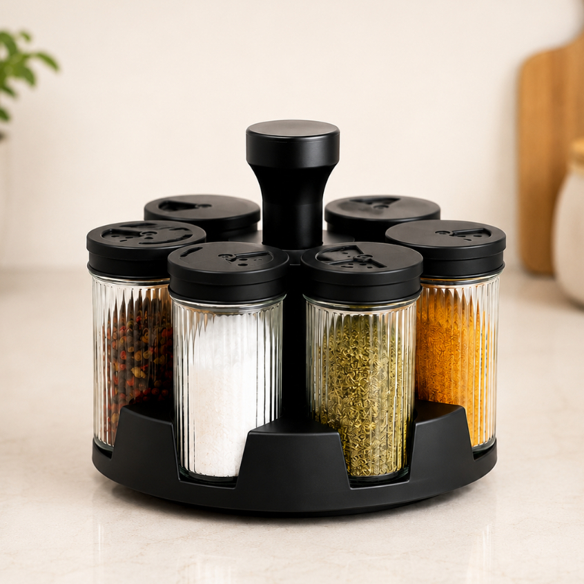Porta Tempero Condimentos Giratório Com 6 Potes de Vidro Para Cozinha Designer Moderno