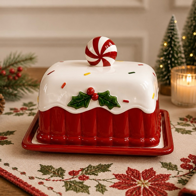 Porta Condimentos Manteigueira | Suporte Manteiga, Queijos e Bolo Em Porcelana de Natal e Designer de Papai Noel