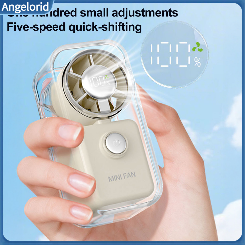 Power Display Fan Mini Handheld Portable Usb Rechargeable Small with Digital 3-speed Transparent Pocket for Travel Offic