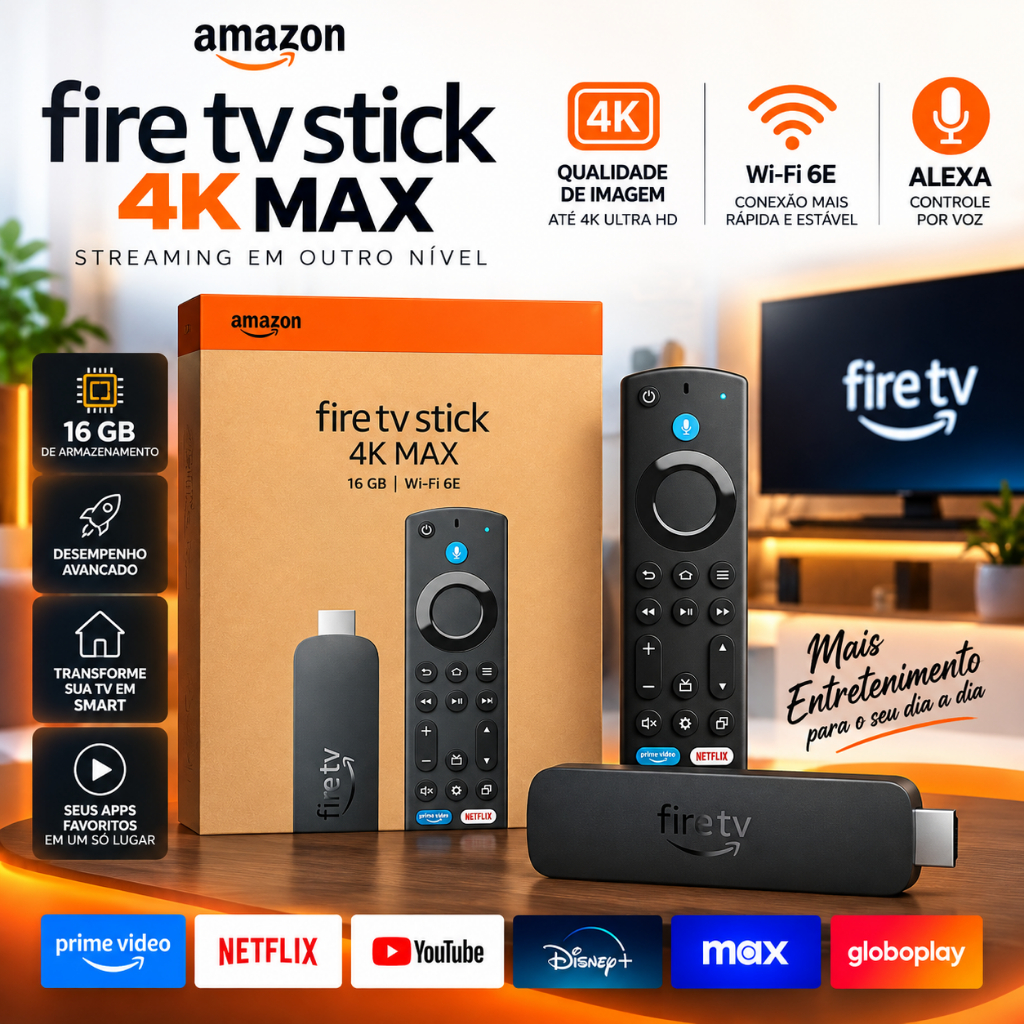 Amazon Fire TV Stick 4K Max 16GB Wi-Fi 6E Alexa Controle por Voz Novo - ORIGINAL - ENVIO IMEDIATO