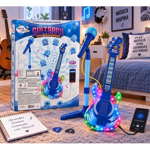 Kit Guitarra Infantil com Microfone e Pedestal Karaokê MP3 - Azul