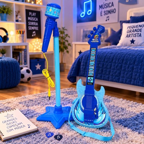 Guitarra Infantil Microfone Pedestal Karaokê MP3 Azul TOYS & TOYS