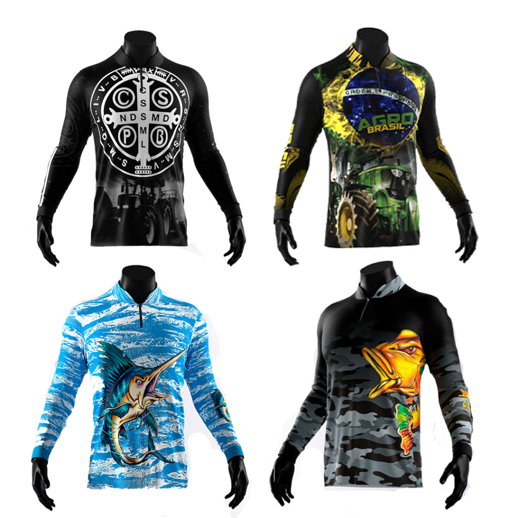 Camisetas Camisas de Pesca Manga Longa Masculina com Proteção UV50+ Pescaria Tucunaré Black Bass