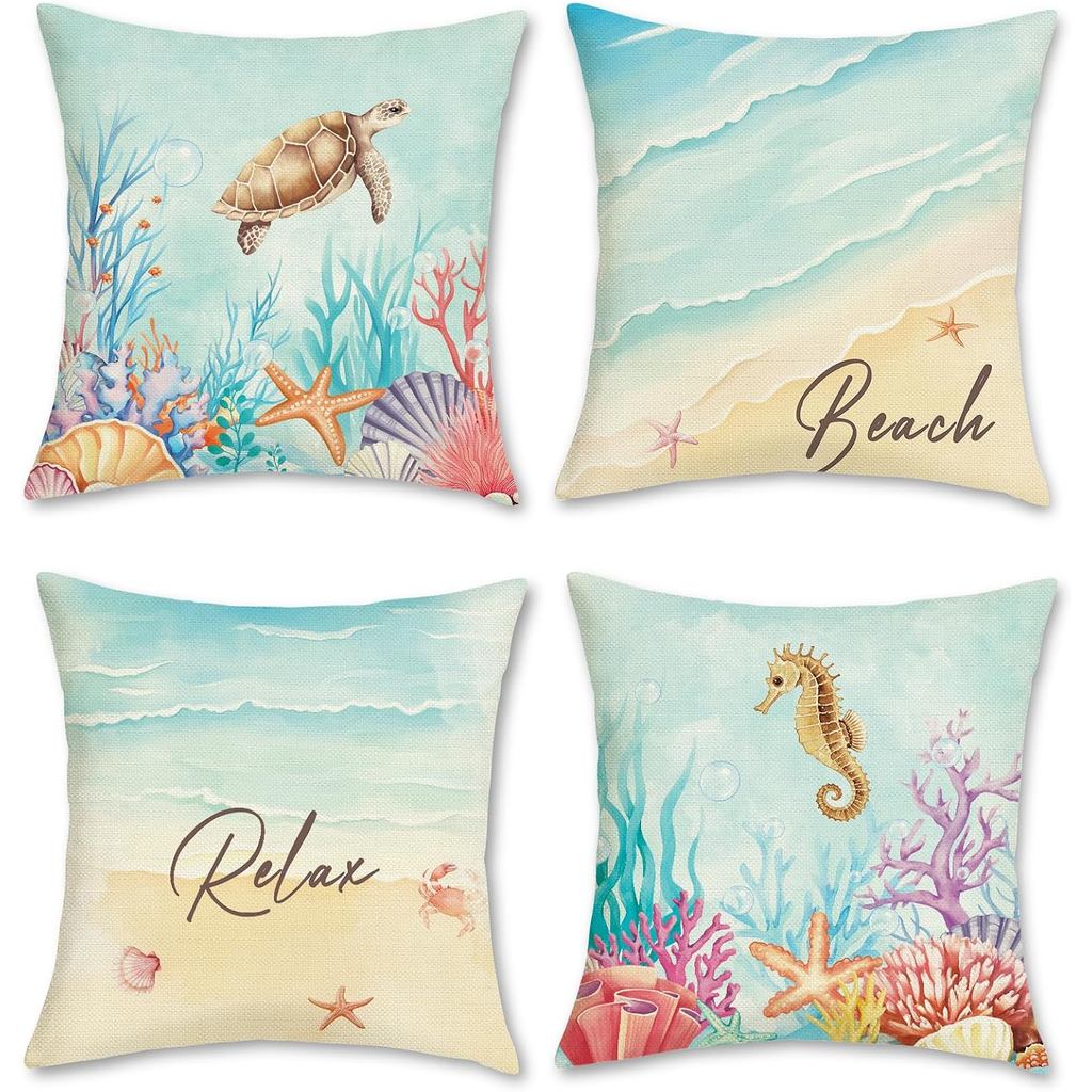 Ocean Beach Throw Pillow Covers, Seahorse Turtle Coral Coastal Outdoor Polyester Decorative Pillowcases for Sofa Bed Hom