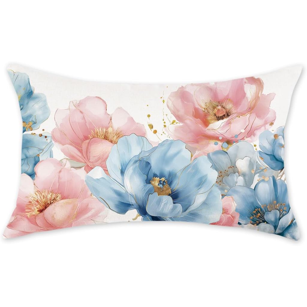 ONWAY Spring Floral Lumbar Pillow Cover 12x20 Inch Farmhouse Blue Pink Flowers Chinoiserie Decorative Pillowcase Outdoor