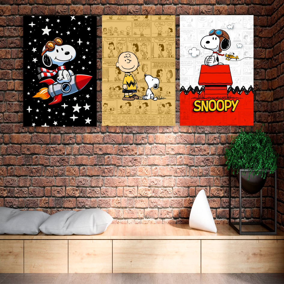 Quadro decorativo snoopy Charlie Brown peanuts desenho infantil para parede decoração quarto sala 3 peças