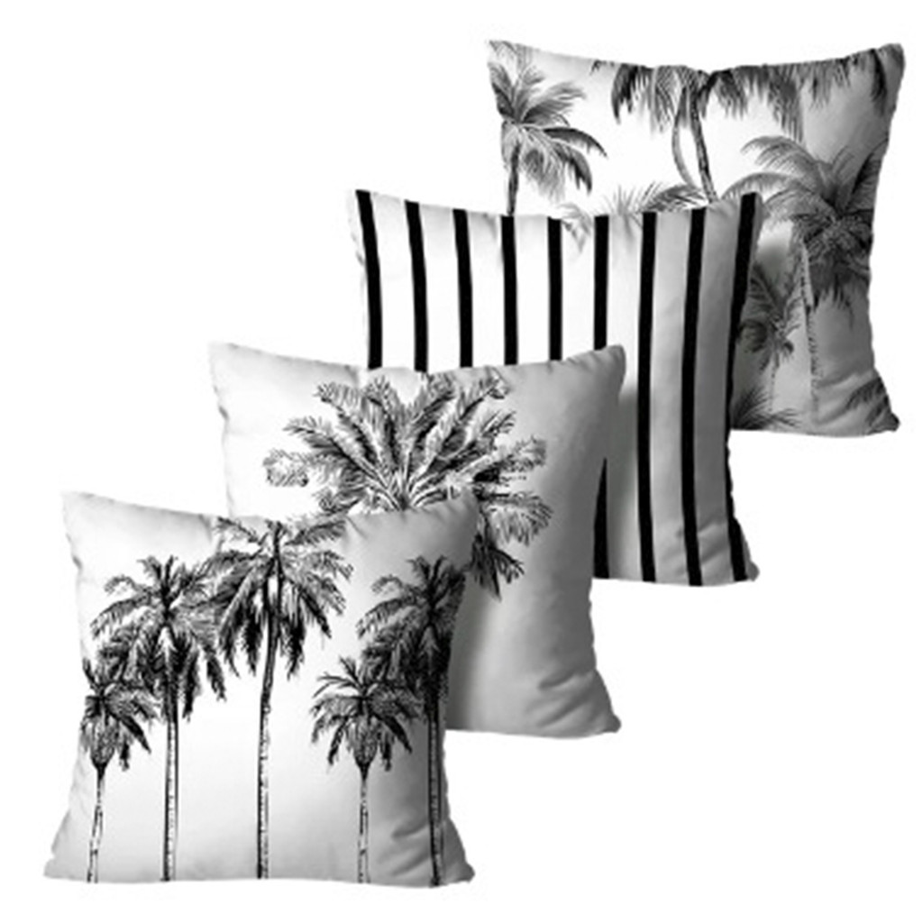 Kit 4 Capas de Almofadas Decorativas Coqueiro Preto e Branco