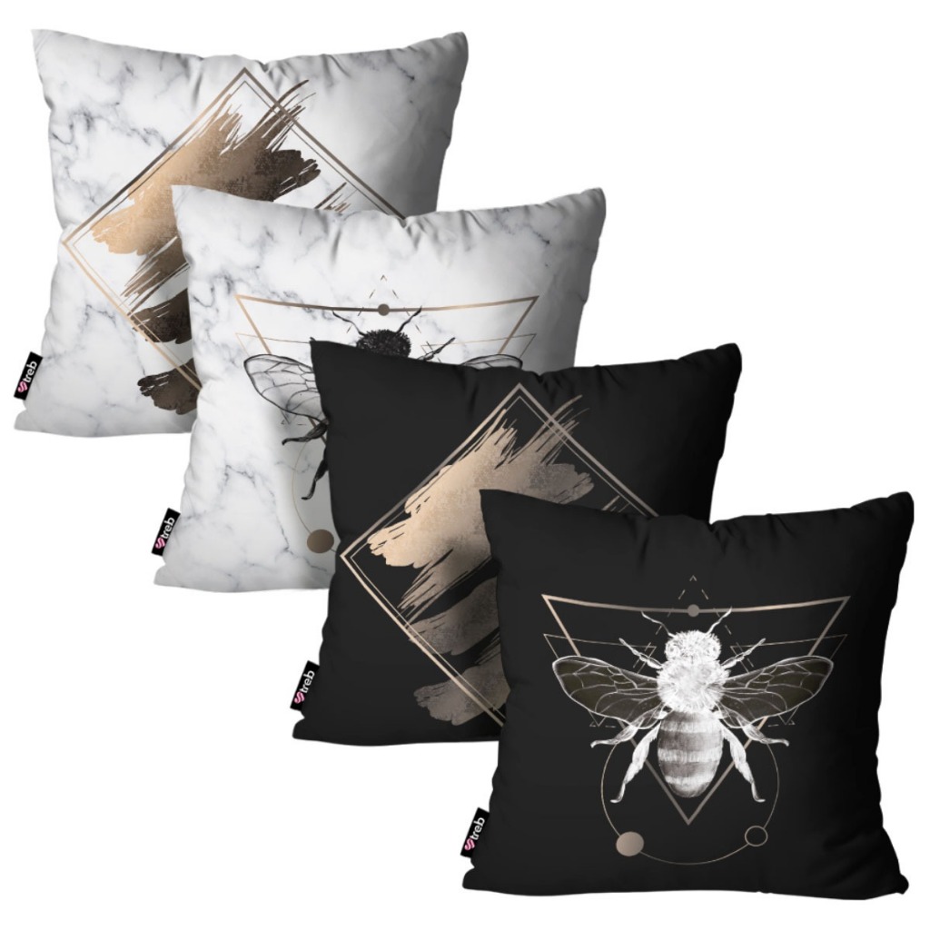 Kit Com 4 Capas p Almofadas Abelhas Abstrato Preto Branco - 45x45