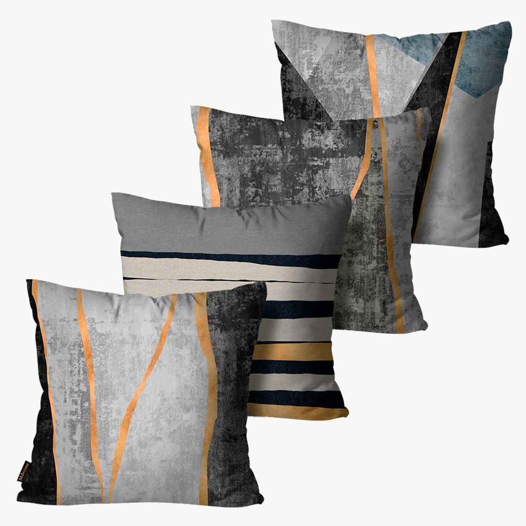 Kit com 4 Capas P Almofadas Decorativas Cinza Com Linhas de Ouro 45x45cm