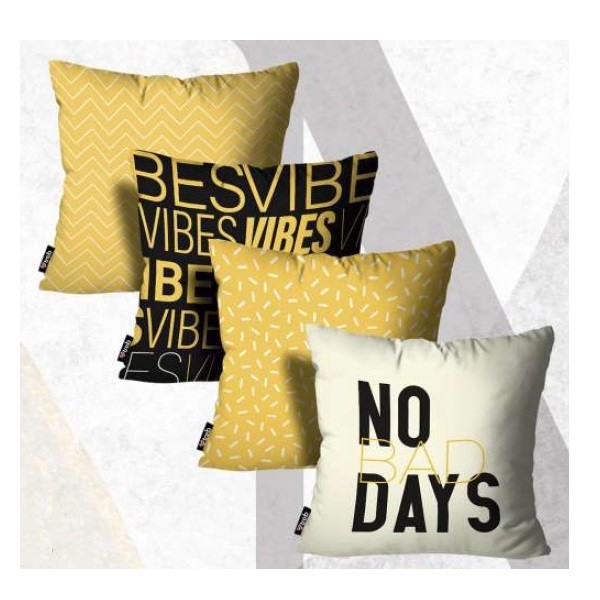 Kit 4 Capas Almofadas No Bad Days Amarelo e Preto - 45x45cm