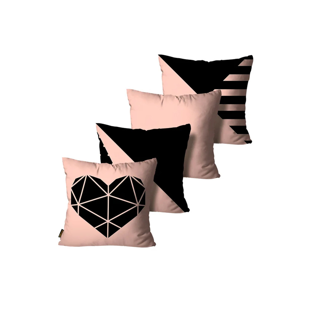 Kit 4 Capas de Almofadas Decorativas Coração Rosa e Preto