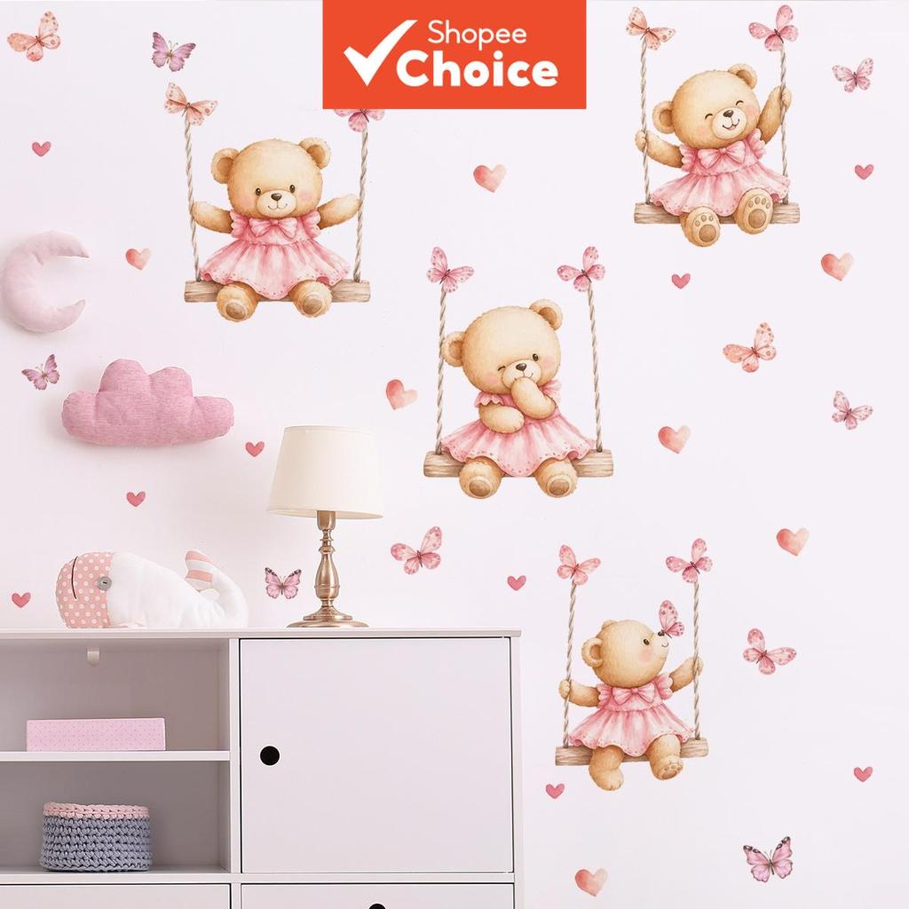 Um Conjunto De Dois (30 * 60 Cm * 2 Unidades) Lindos Adesivos De Parede Autoadesivos Rosa Teddy Bear Swing , Perfeitos P