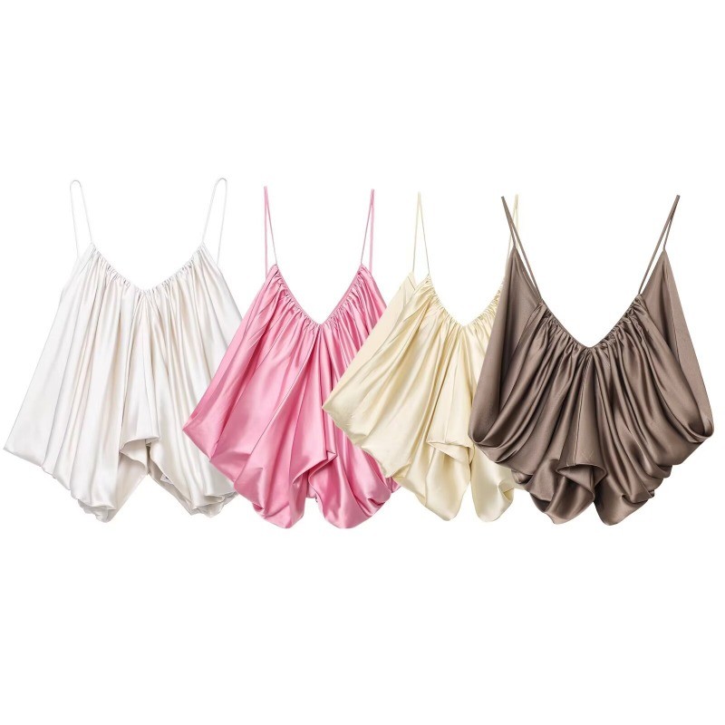 Mulheres Cetim Fluido Camisola Topo Elegante Decote Em V Reunido Plissado Cinta Espaguete Solto Swing Colheita Cami Blus