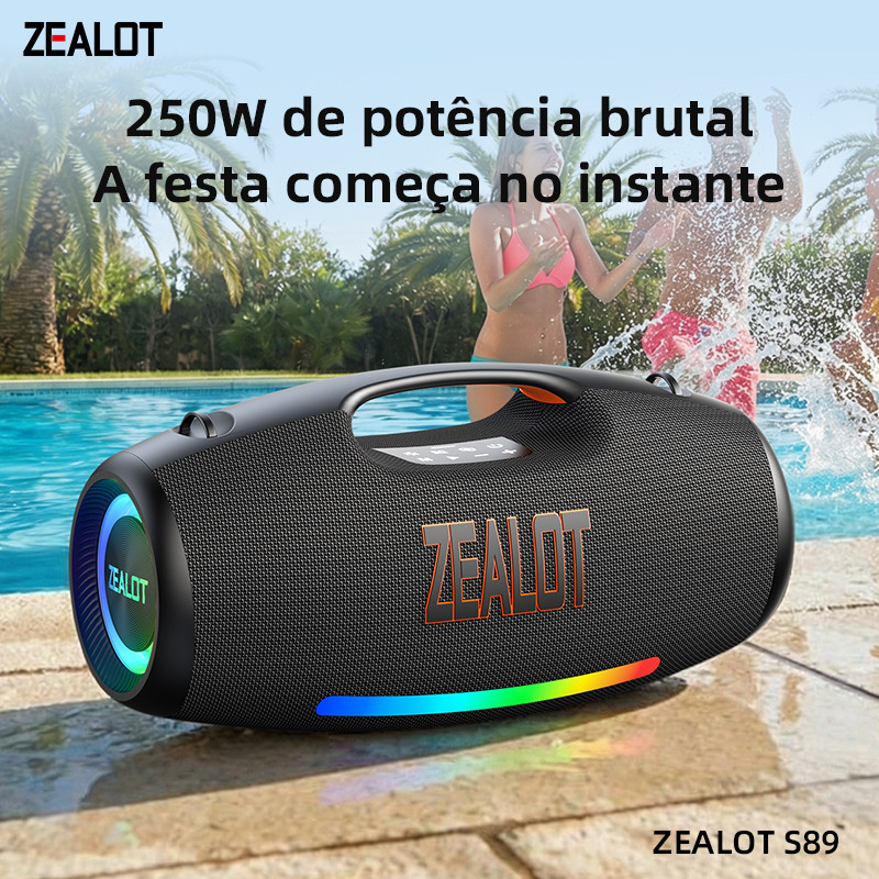 Caixa de Som Bluetooth Portátil ZEALOT S89 250W Alta Potência TWS Bateria Longa Duração Power Bank à Prova d’Água