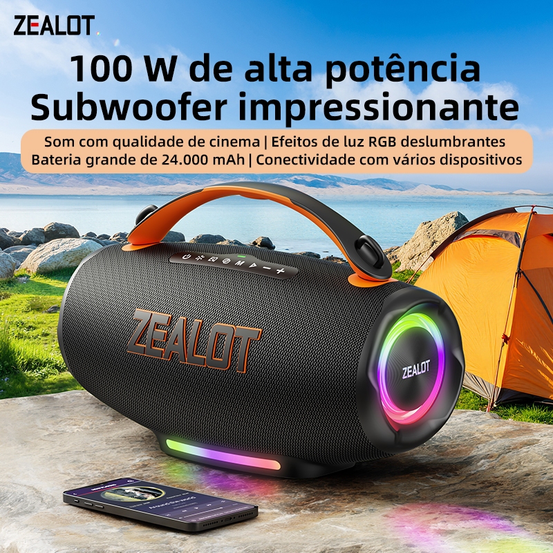 ZEALOT S167 Caixa de Som Bluetooth Portátil 100W Potente, TWS Estéreo, Bateria 24000mAh Longa Duração, Power Bank 45W PD