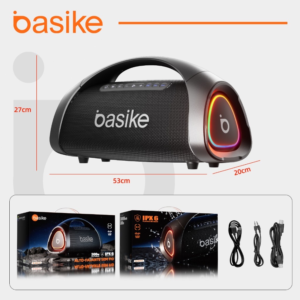 Basike Caixa de Som 300W Bluetooth V5.3 lPX6 com 30000mah Power Bank Origion 100%
