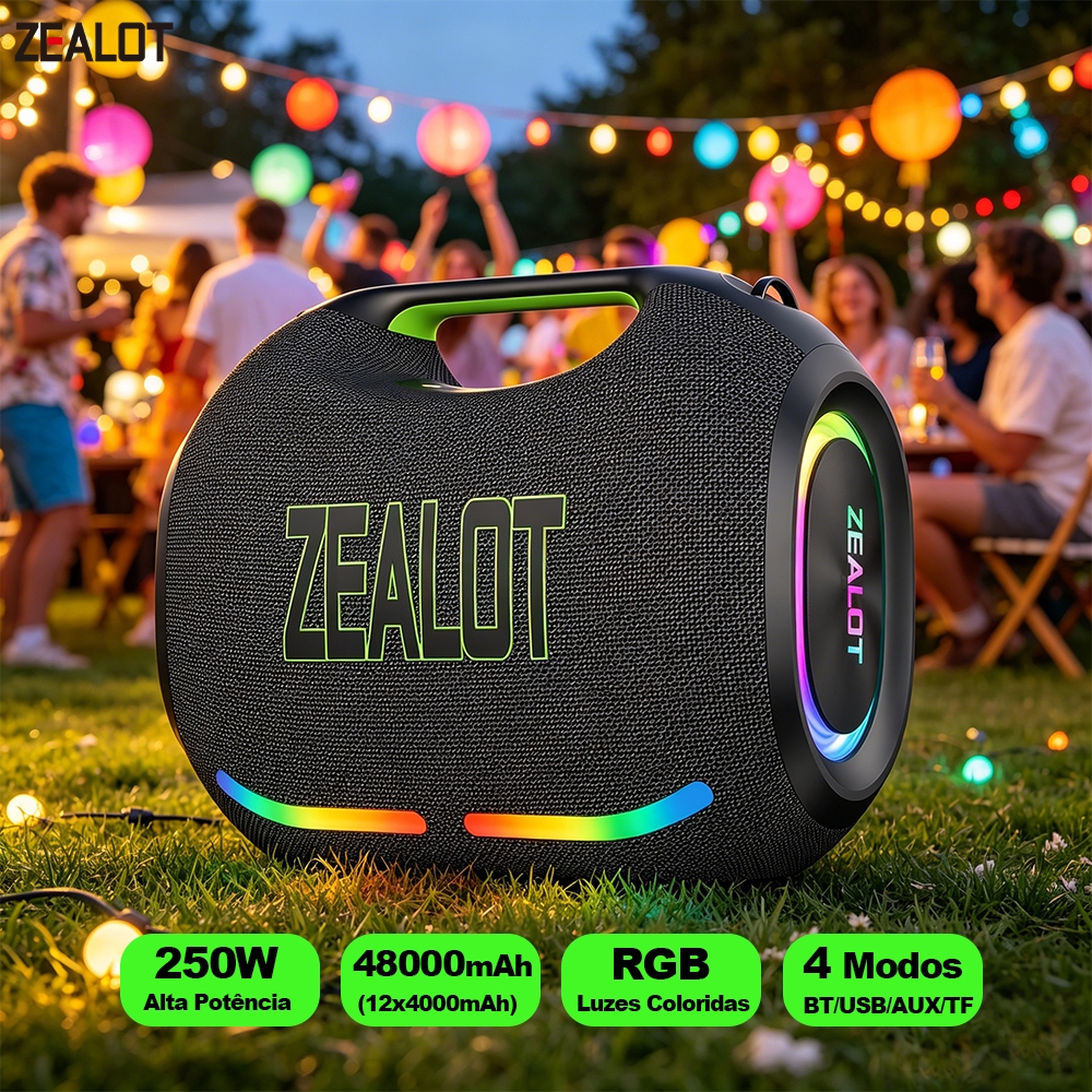 ZEALOT ZE21 Caixa de Som Bluetooth 250W Real Grave Forte RGB 48000mAh IPX6 TWS Portátil Power Bank