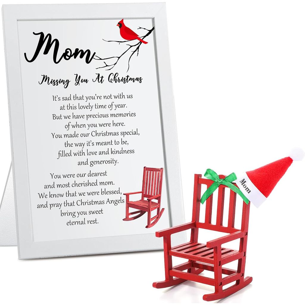 Hoolerry Christmas in Heaven Empty Chair Mom Christmas Memorial Gift Cardinal Wooden Remembrance Sign Rocking Chair Mini