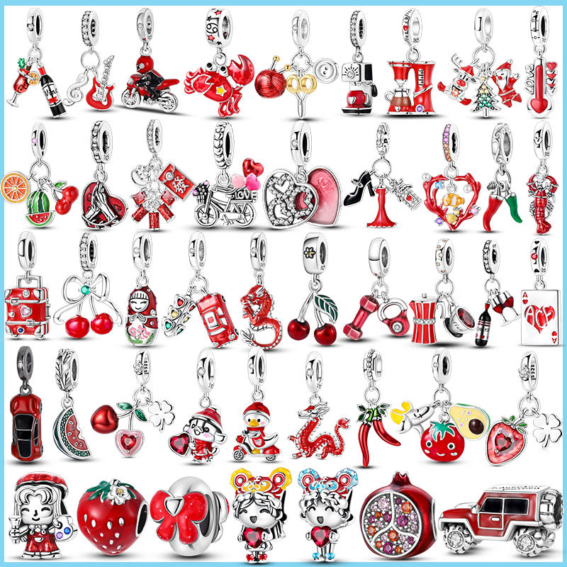 925 Prata Esterlina Cor Vermelha Encantos Grânulo Morango Cereja Trevo De Quatro Ie Pingente Caber Pulseira Original Jói