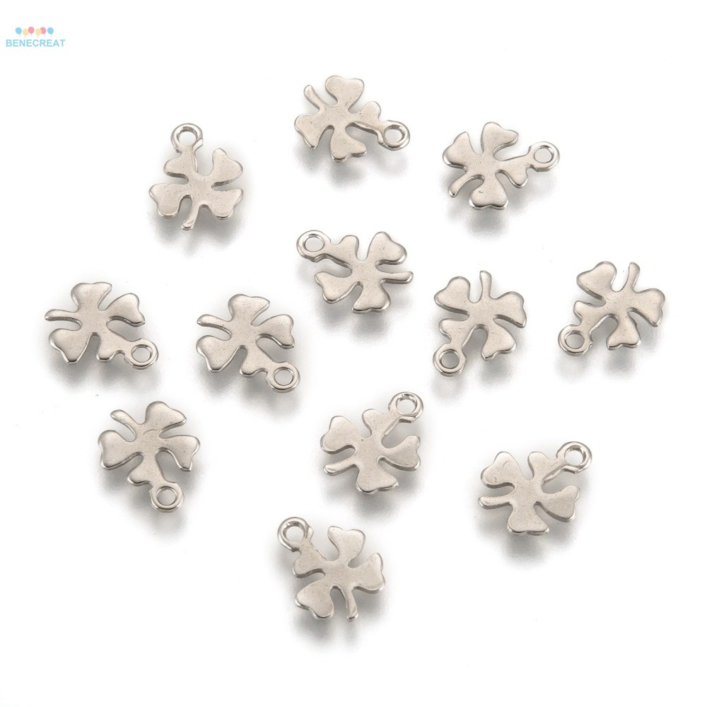 100 Peças Amuletos De Aço Inoxidável 304 Pingentes De Trevo De Quatro Folhas Cor 10x8x1mm Furo : 1mm