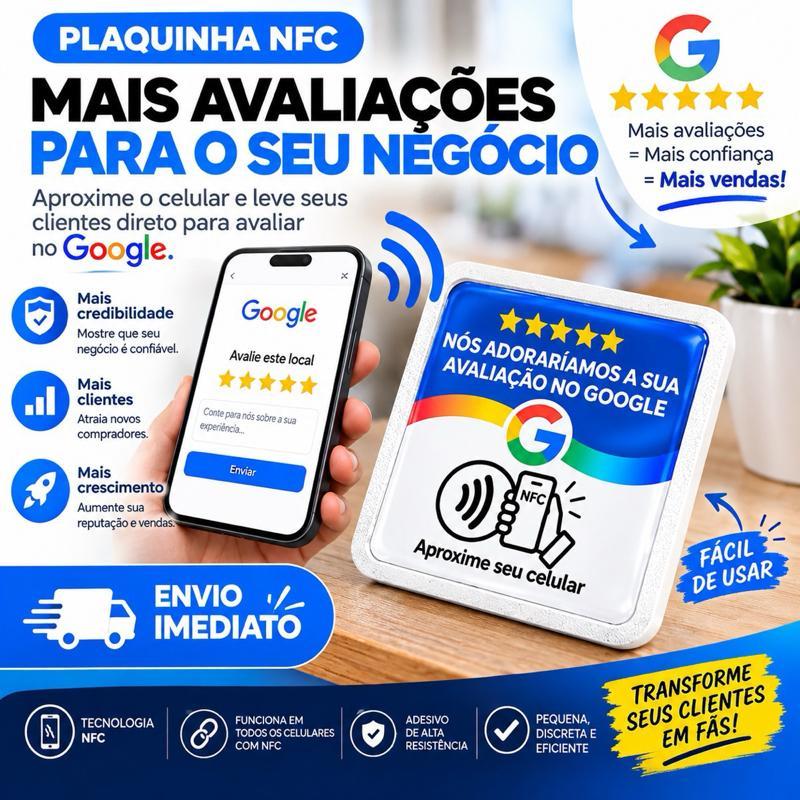 Kit 2 Plaquinhas NFC Avaliação Google para Parede 10x10cm Aproxime o Celular 3D