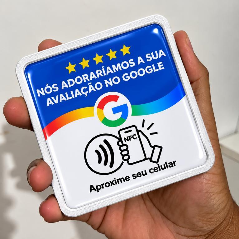 Kit 2 Plaquinhas NFC Avaliação Google para Parede 10x10cm Aproxime o Celular 3D
