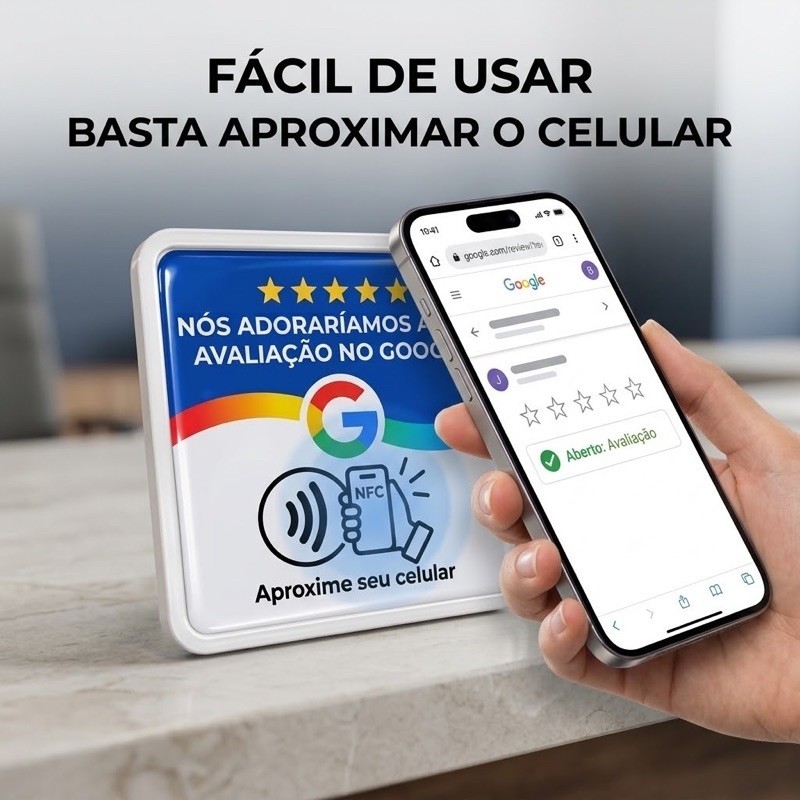 Kit com 2 Plaquinhas Aproxime o Celular para Avaliar no Google NFC 10x10cm 3D