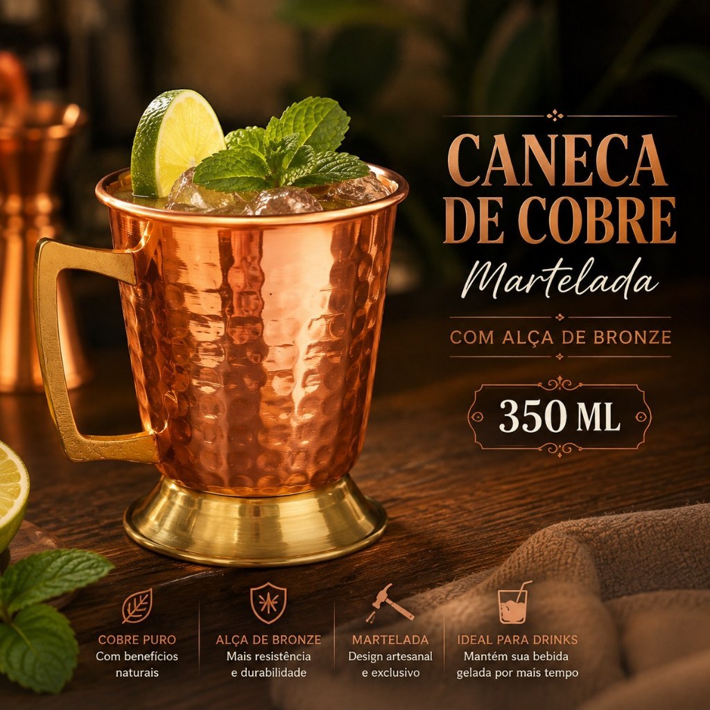 Caneca de Cobre Martelada Drink Beer (Alça de Bronze)