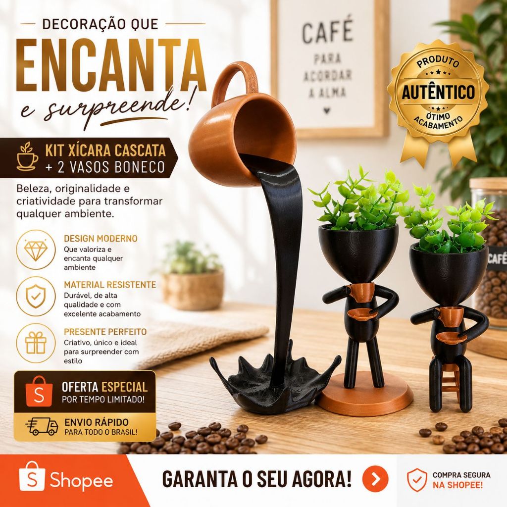Kit Xícará Flutuante Café com 2 Vasos Bob Preto com Cobre