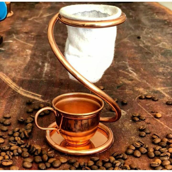 Kit Mini Coador de Café e Xícara com Pires em Cobre
