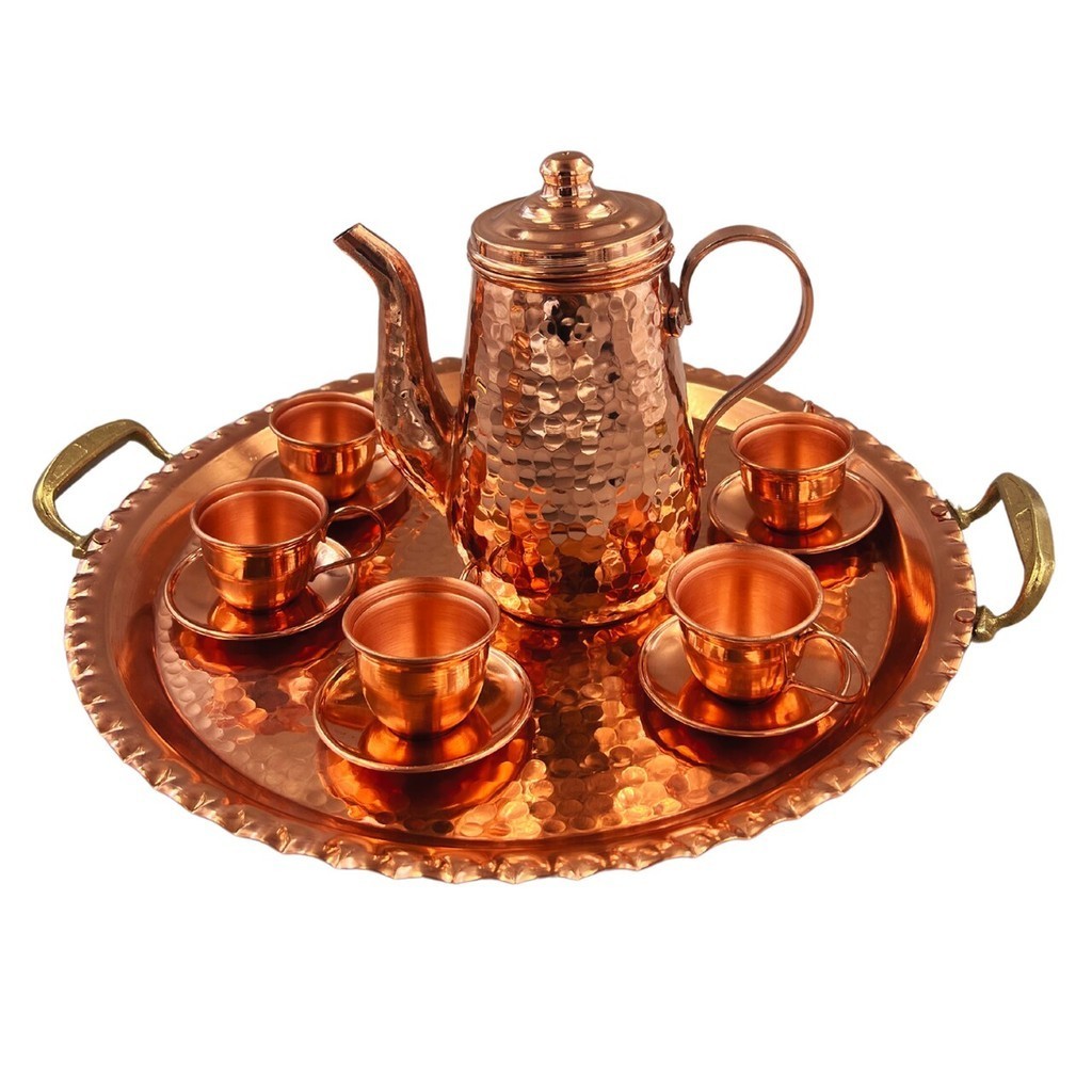 Kit Bandeja de Cobre com Bule e Xicaras Para Decoração e Servir