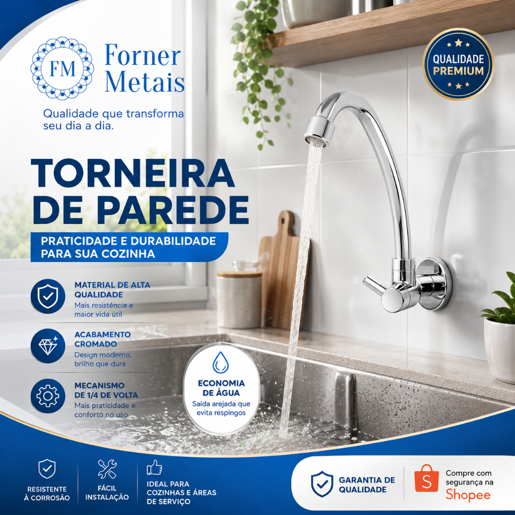 Torneira Parede Cozinha Bica Movel 1/4 de Volta Cromada EM ABS