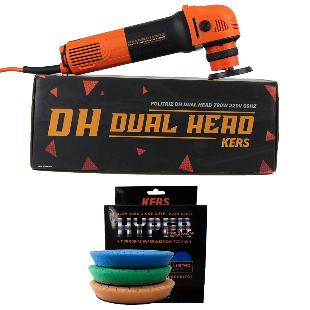 Kit Politriz 2 em 1 Rotativa e Roto Orbital 220V 780W Dual Head e 3 Boinas Hyper Kers