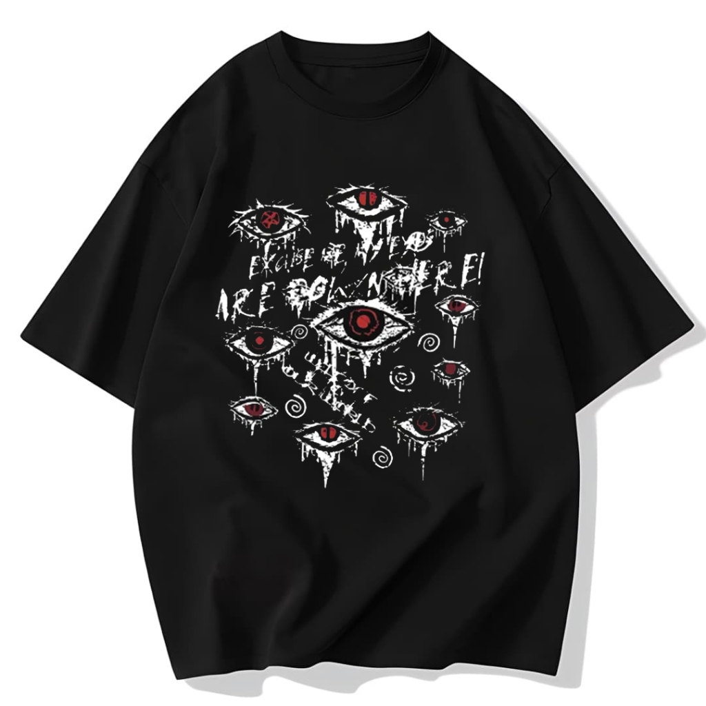Street Life Camiseta Estampa de Olho e Letra Masculina Escola Terro Anime Medo Unissex Manga Curta